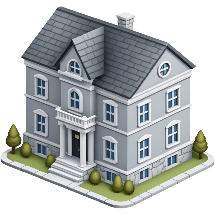 Gray stone fraternity house, isometric dollhouse-style, realistic emoji