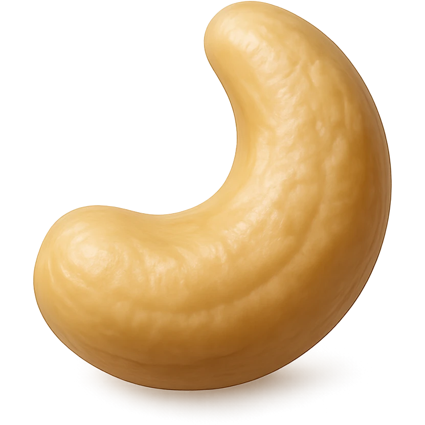 Show only a single cashew nut in a realistic crescent shape with a smooth, slightly wrinkled beige or light tan texture. The cashew should appear glossy and slightly roasted with a soft sheen, placed on a pure white background. The style should resemble 3D emoji style with realistic details. emoji