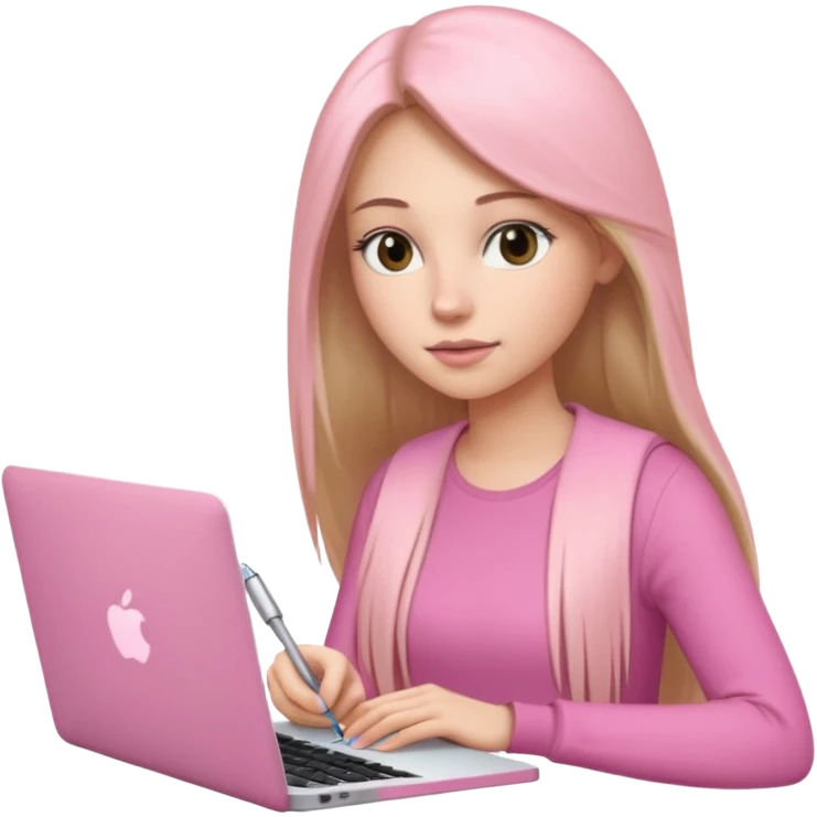 Mujer lacia peli larga y peli larga  en una MacBook rosa investigando y haciendo tareas con un libro de apuntes y con cara muy linda como modelo emoji