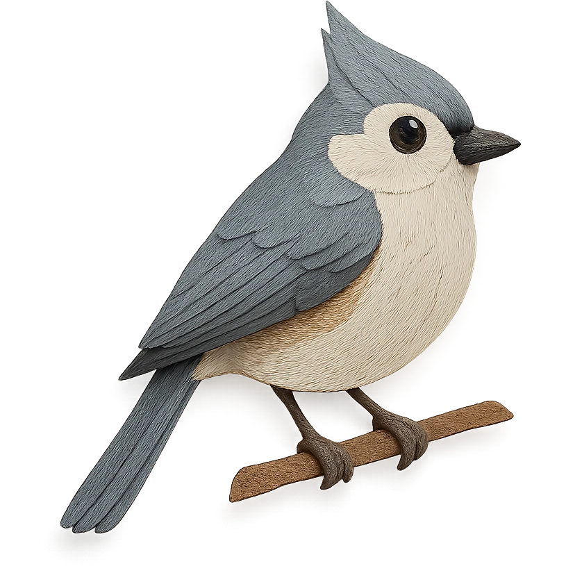 tufted titmouse on a branch, layered paper details, gray and white plumage, large black eyes, naturalistic pose emoji