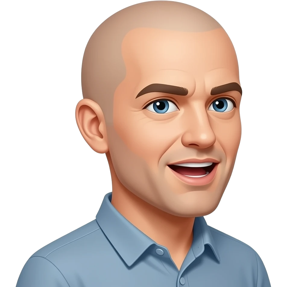 a bald man looking directly to the side, talking with an open mouth emoji