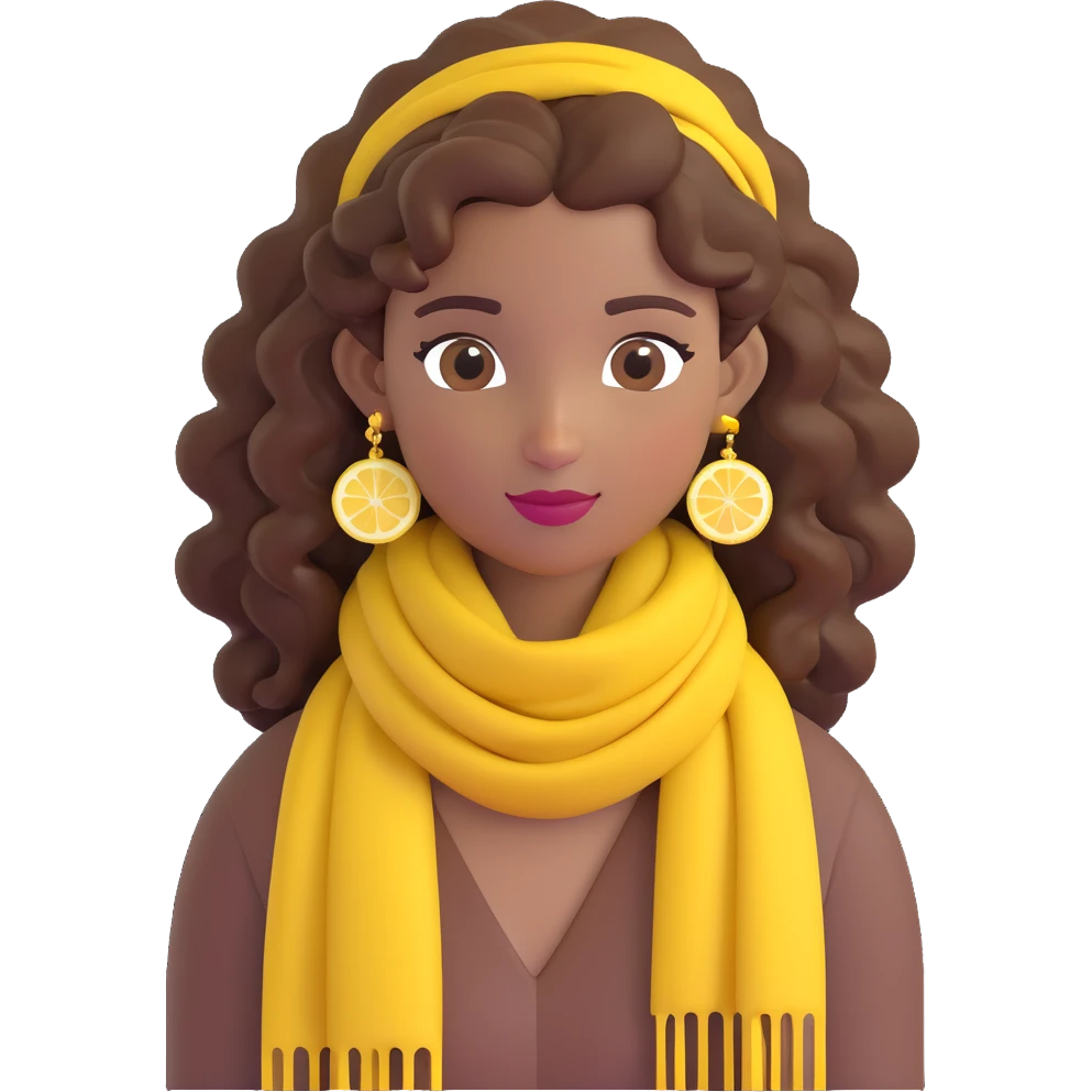 bohemian girl emoji, brown skin, long curly brown hair worn up, lemon yellow scarf, round earrings emoji