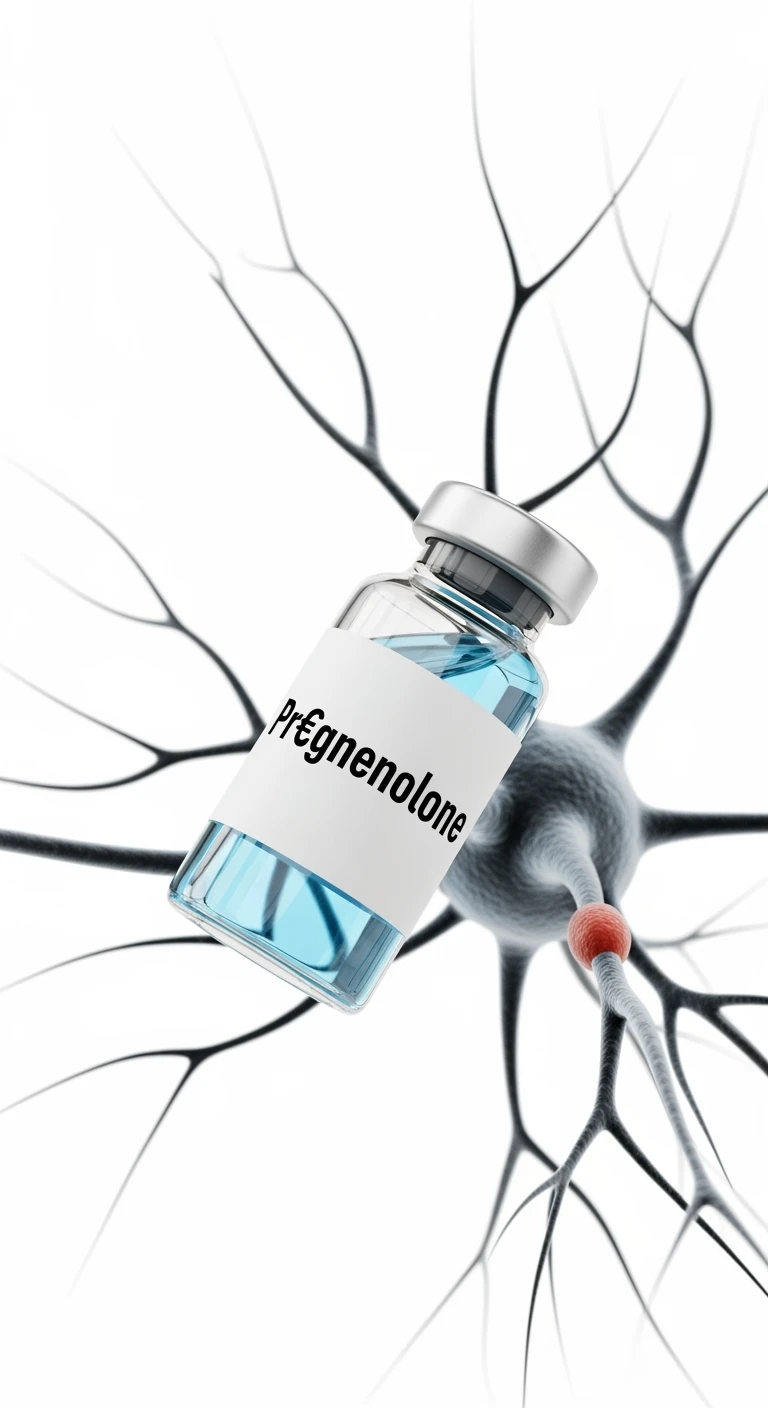 FIALA CON LA SCRITTA "Pr€gnenolone" FLUTTUA IN ARIA CON UN NEURONE UMANO ANATOMICO, ISOLATI SU SFONDO BIANCO emoji