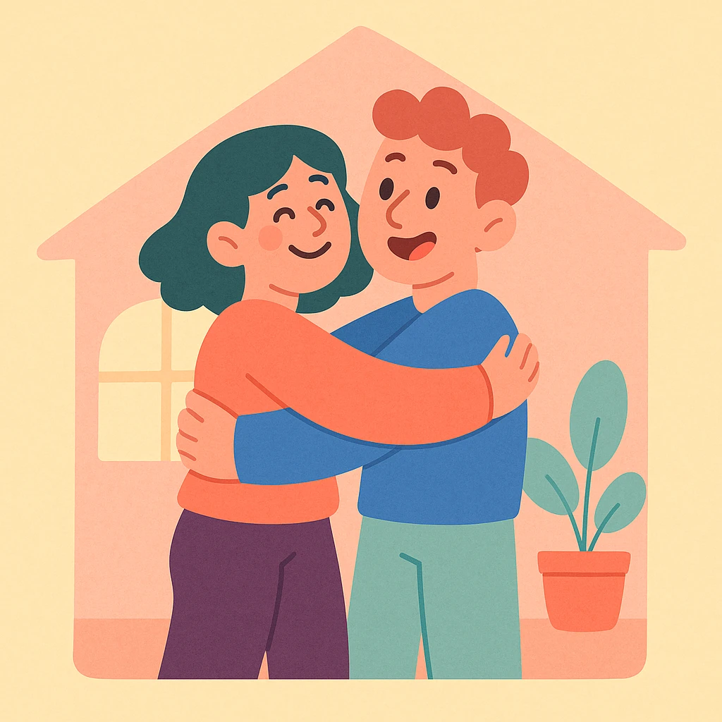 two people hugging inside a house, soft pastel style emoji