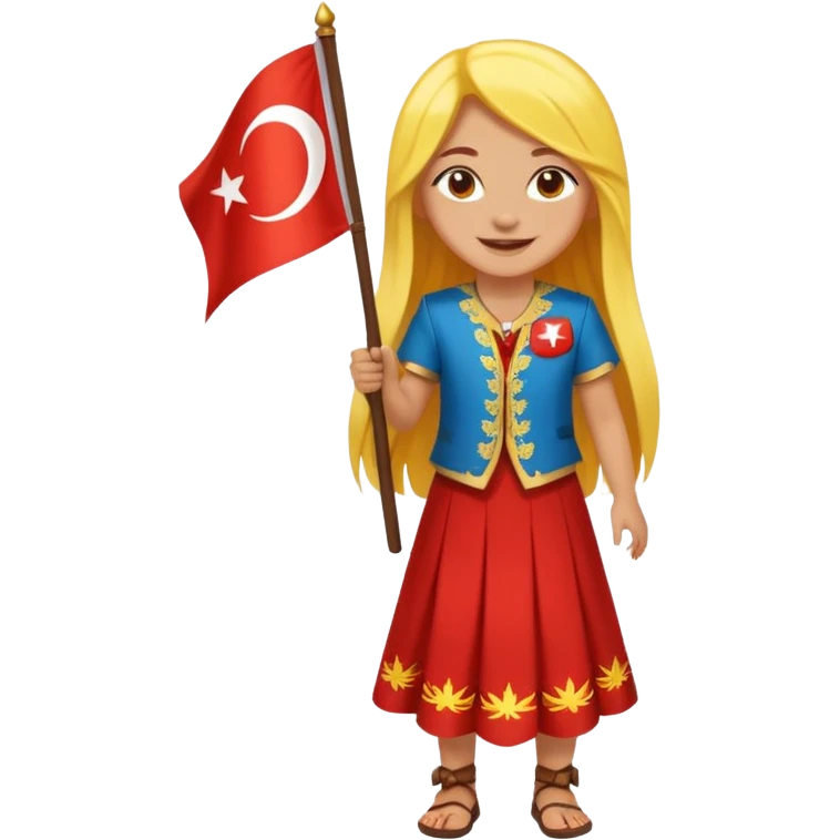 ultra sexy happy Turkish girl with Turkish flag in national outfit, full body, long yellow hair emoji