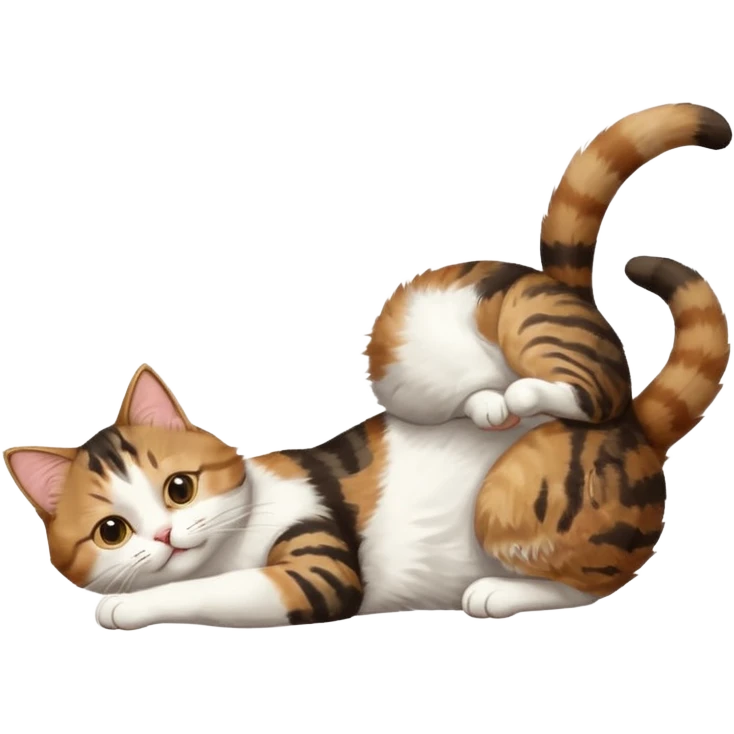 brown tabby and white cat with doing a big extremely long stretch reaching up into the air with arms and legs side by side together straight and overextended whilst lying on its side emoji