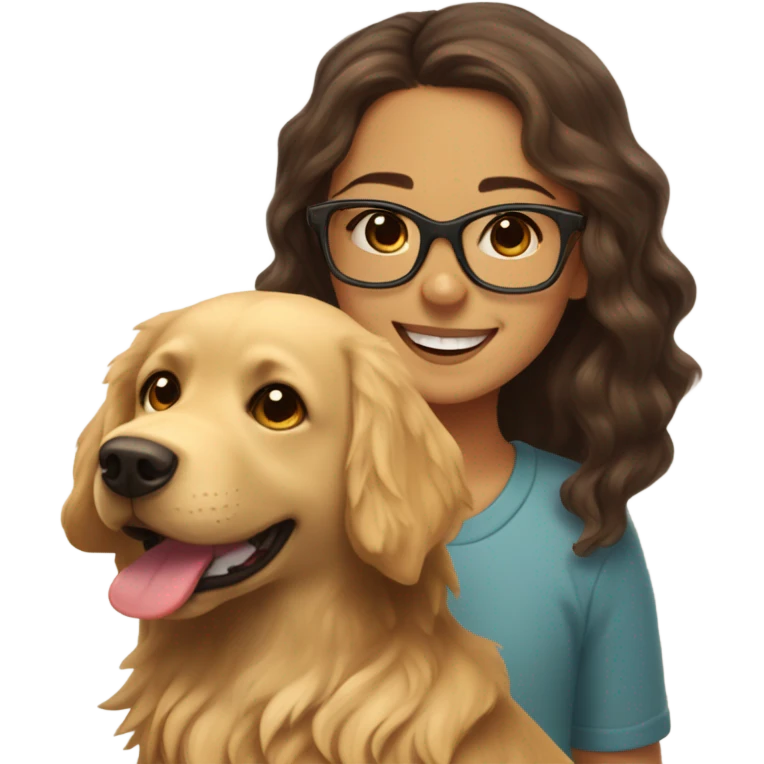 Smiling girl with long dark wavy brown hair and red glasses next to a small shaggy golden Labrador dog with brown eyes emoji