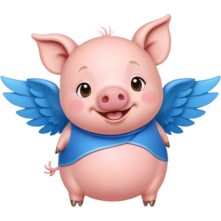 "Create a cheerful cartoon character, a pig with a round body, wearing a blue outfit and small wings, smiling joyfully." emoji