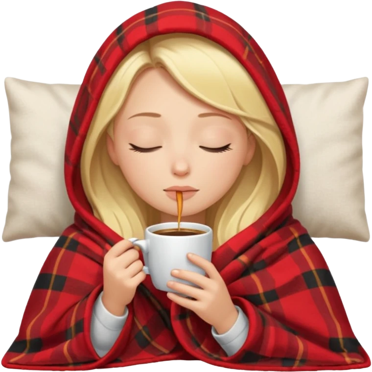 Blonde girl inside a blanket sipping coffee eyes closed emoji