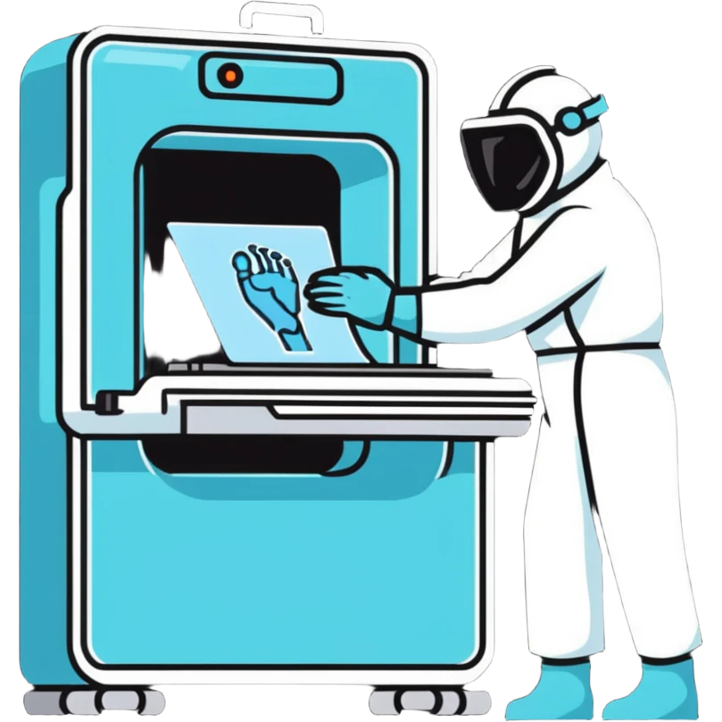 A friendly radiologist operating an X-ray machine, wearing protective gear emoji