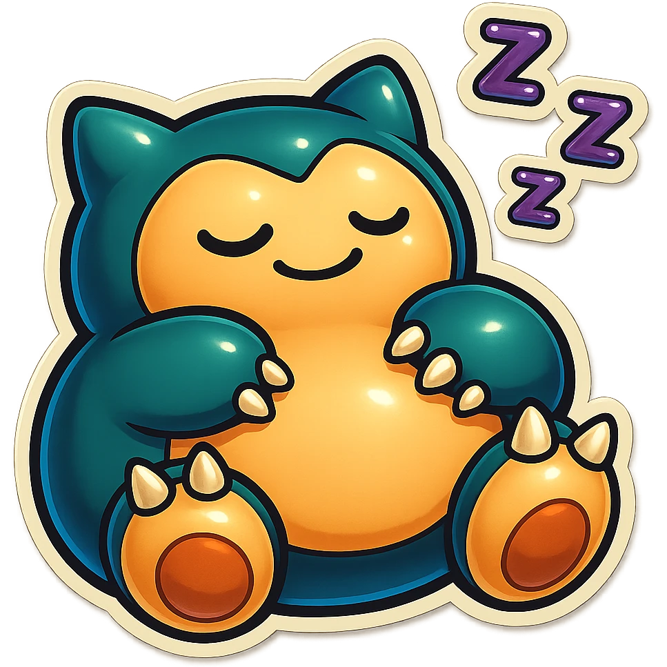 Edit the Snorlax sleeping emoji in chibi style with three toe claws on each foot. Keep the background transparent. Maintain the retro stickers style look. emoji