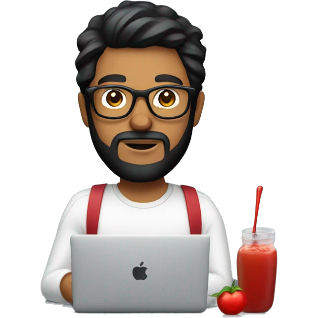 Designer with black hair, beard and glasses working with MacBook and holding ketchup emoji