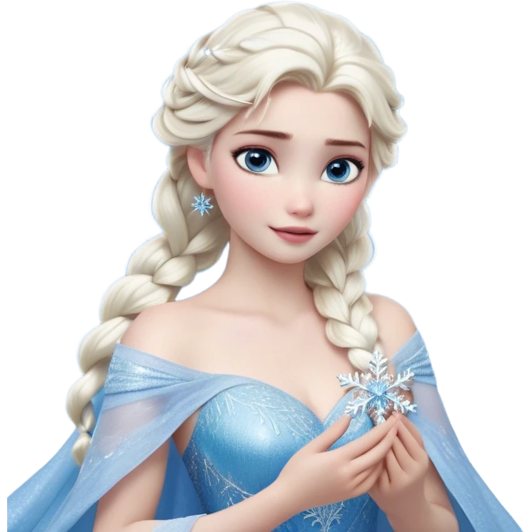 Cinematic Realistic Elsa Portrait, depicted with lifelike skin texture, soft natural lighting, and intricately detailed platinum blonde hair styled elegantly. Her striking, expressive blue eyes exude confidence and grace, complemented by a serene and regal expression. She holds a shimmering snowflake delicately in one hand, her other hand resting against her gown, embodying the power and beauty of winter. She is dressed in her signature icy attire, with shimmering fabric textures and delicate folds that catch the light beautifully. The portrait features a soft, enchanting glow with a cool, radiant finish, capturing the essence of timeless elegance in a realistic and painterly style. emoji