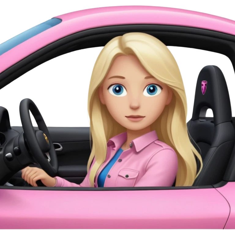pink Porsche taycan with blonde girl, long hair, blue eyes, sitting in the car, girl in the driver seat, front view point of view, no sunglasses emoji