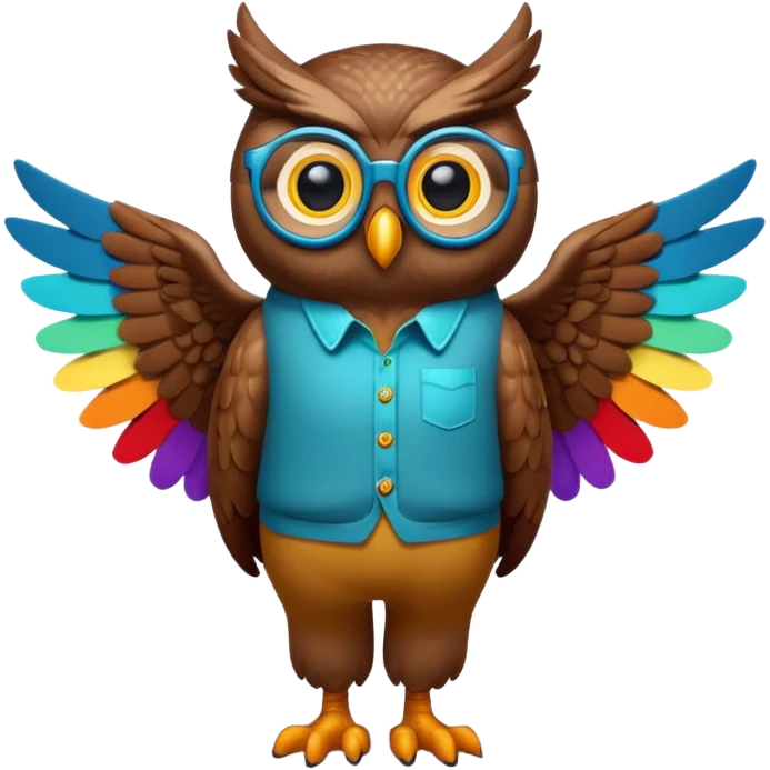 friendly anthropomorphised night owl with wings instead of arms, colourful pants and shirt, wearing glasses, walking upright, night owl features and colours, unique pose 1 emoji