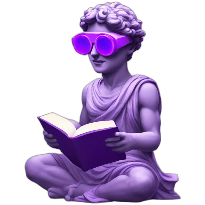 an EMOJI OF A ancient young greek statue reading a book, wearing VR glasses, purple colors, DIGITAL UNIVERSE emoji