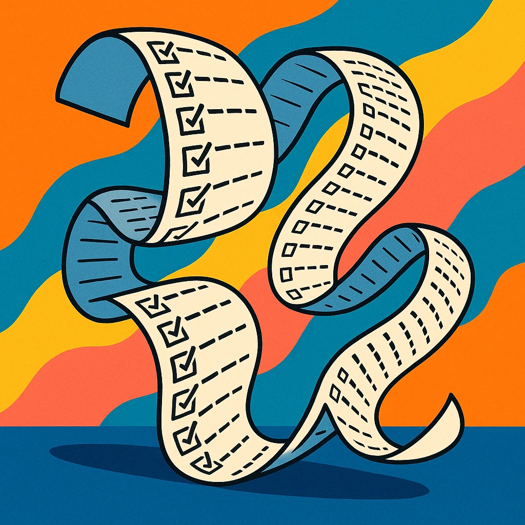 never-ending to-do list paper twisting and turning with exaggerated curves, filled with rows of tiny checkboxes, fading away in a vibrant cartoonish scene emoji