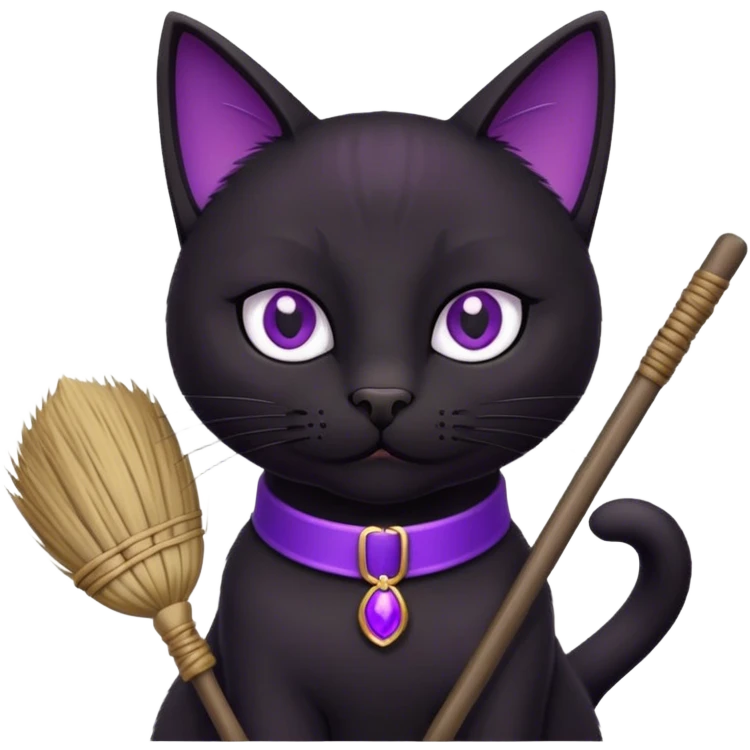 black  cat with a broom, purple collar emoji