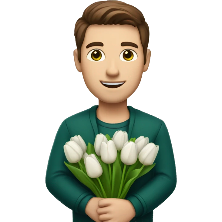 man with brown hair and green eyes holding a bouquet of white tulips emoji