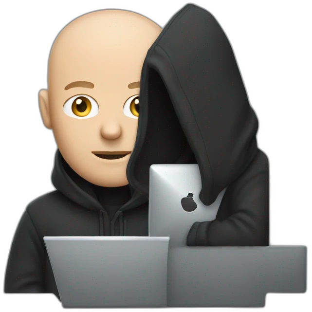 bald white man with a salt and pepper beard typing on apple computer wearing a black hoodie emoji