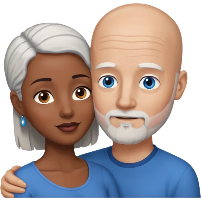 Talk bald white man with a white beard and blue eyes lovingly holding a black woman with brown eyes and grey hair emoji