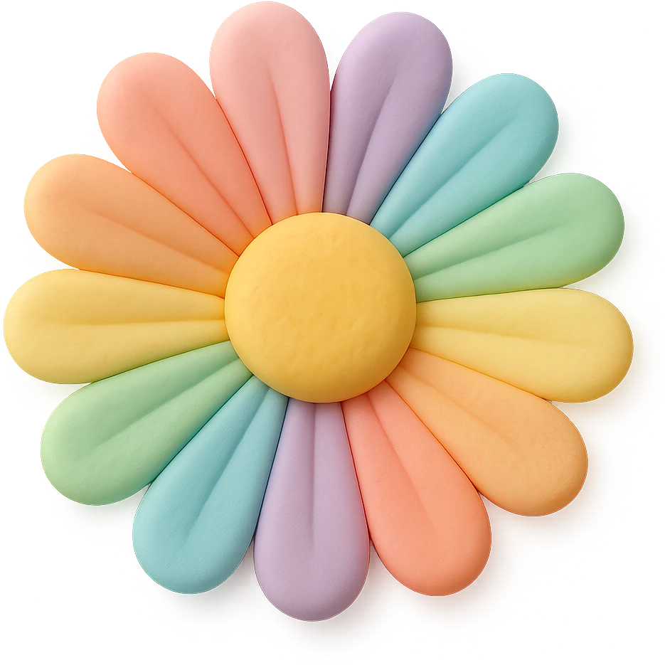 rainbow daisy flower, fondant cake art style emoji