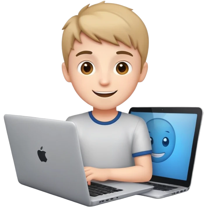 boy video editor facing a laptop, cheerful expression emoji