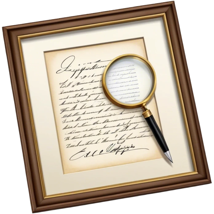 Icon for Autograph Collecting: a signed piece of paper or book page with a famous signature, surrounded by a pen, a magnifying glass, and a collection of framed autographs. Transparent background. emoji