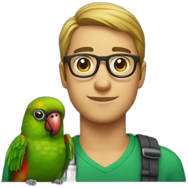 man with glasses and a green cheeked conure on his shoulder emoji