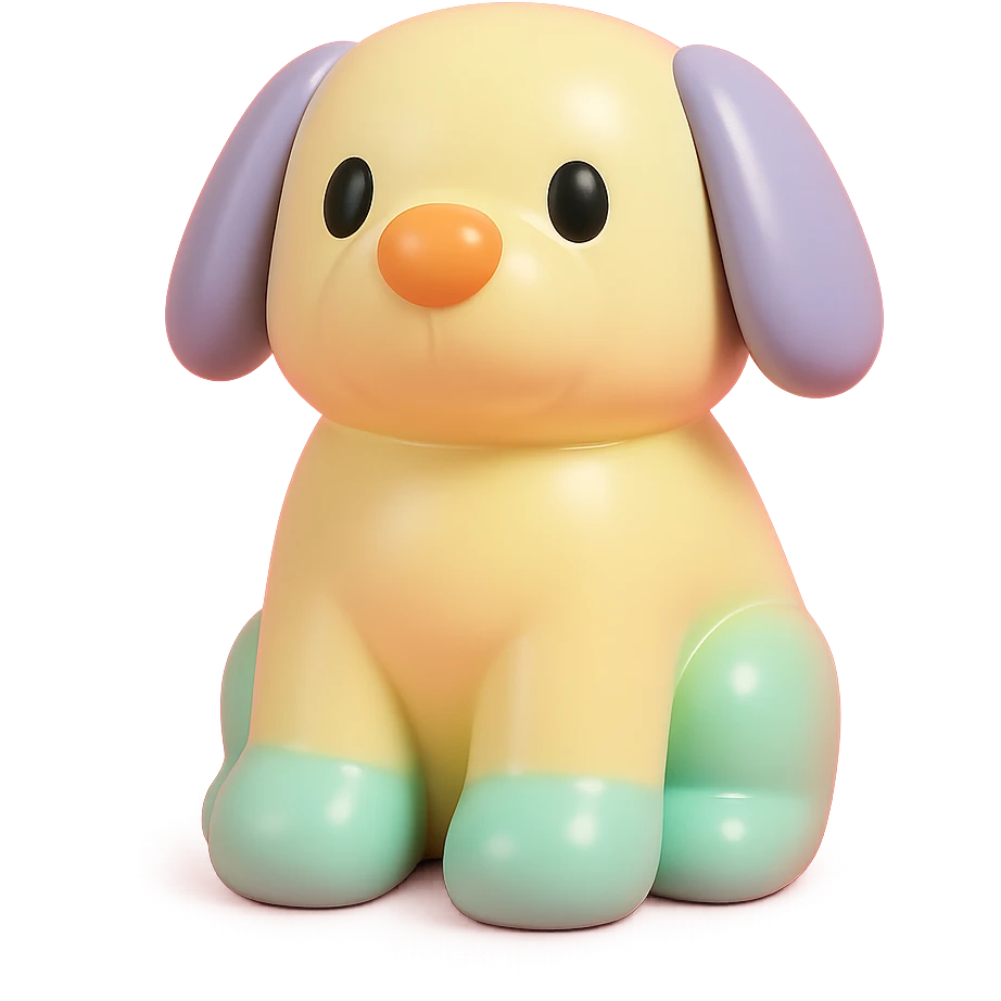               Transform {subject} into a soft vinyl figure with a smooth, glossy surface. The material should look slightly rubbery and tactile, with minimalistic curves and a matte-gloss hybrid finish. Use pastel or soft solid colors. The surface is seamless, with no visible textures or roughness. Studio lighting, vibrant background, clean, playful, designer toy aesthetic. {subject} = dog emoji