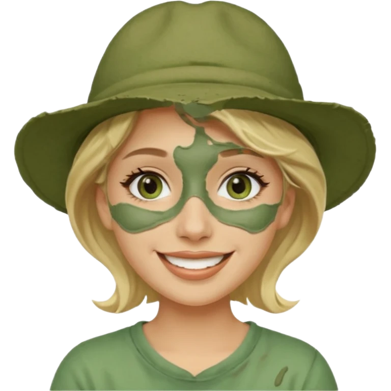 messy green clay mask and tourist hat blond braided woman big eyes smiling and clay mask on face emoji