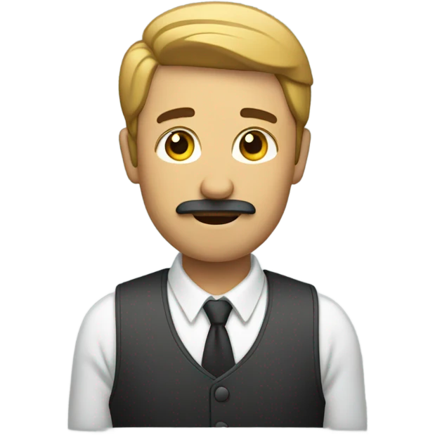 man with short mustache lifting his hand straight with in a 45 degree angle emoji