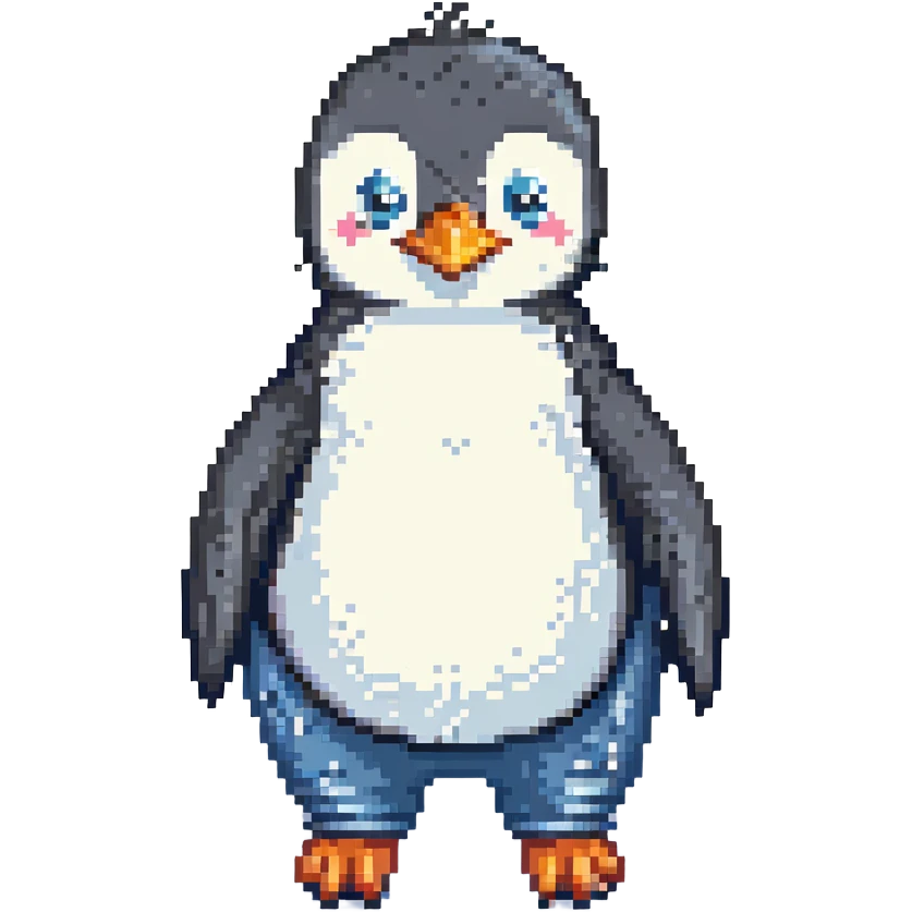 pixel art penguin with rolled-up jeans, playful expression emoji
