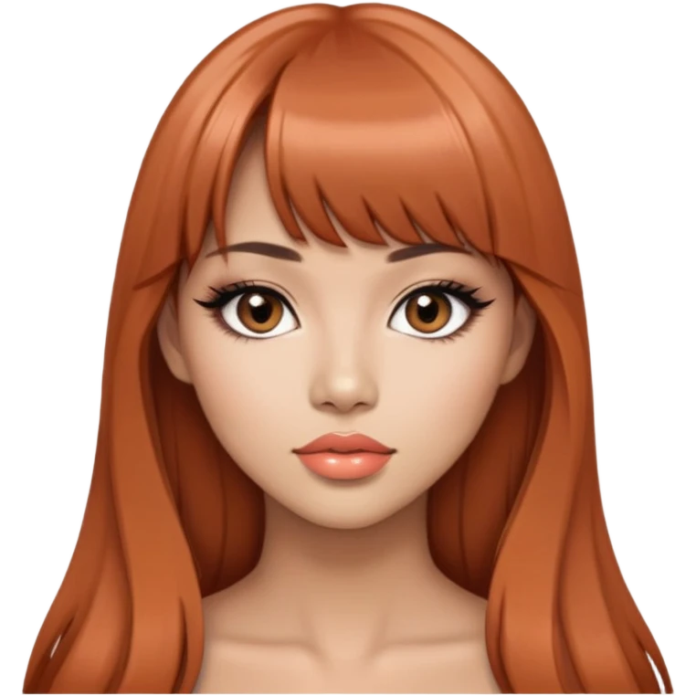 gorgeous woman, light tan skin, very long auburn hair, bangs, black eyes, peach lipstick, model, latina, asian, mixed emoji