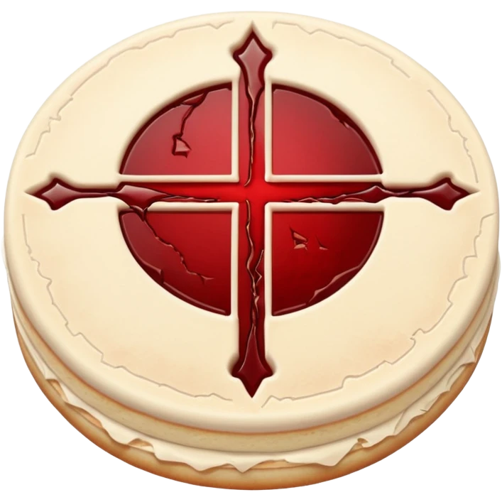Cracked communion wafer bleeding from the center, heretical gothic symbol emoji