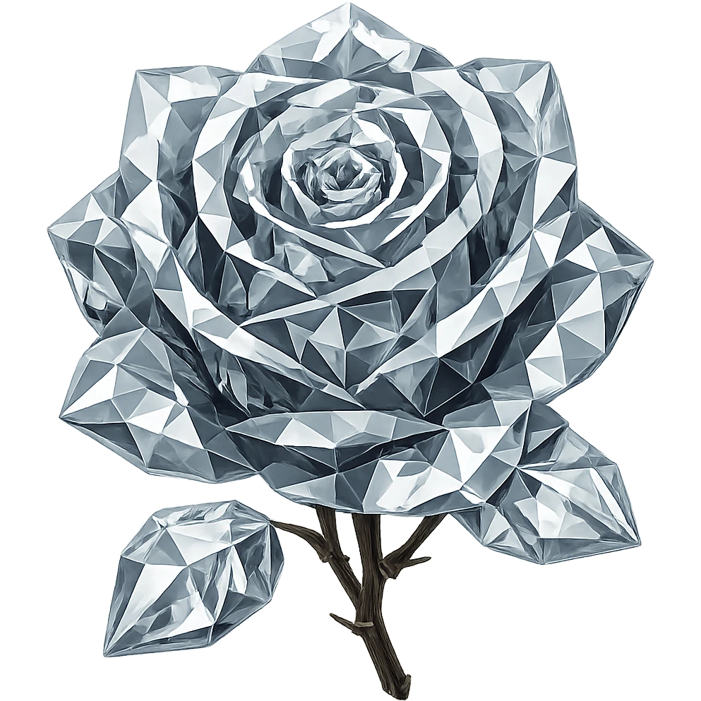Transform the rose made of ice emoji into a diamond-like appearance while preserving the emoji style. Remove the background to isolate the subject. emoji