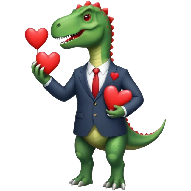dinosaur in a suit holding hearts emoji