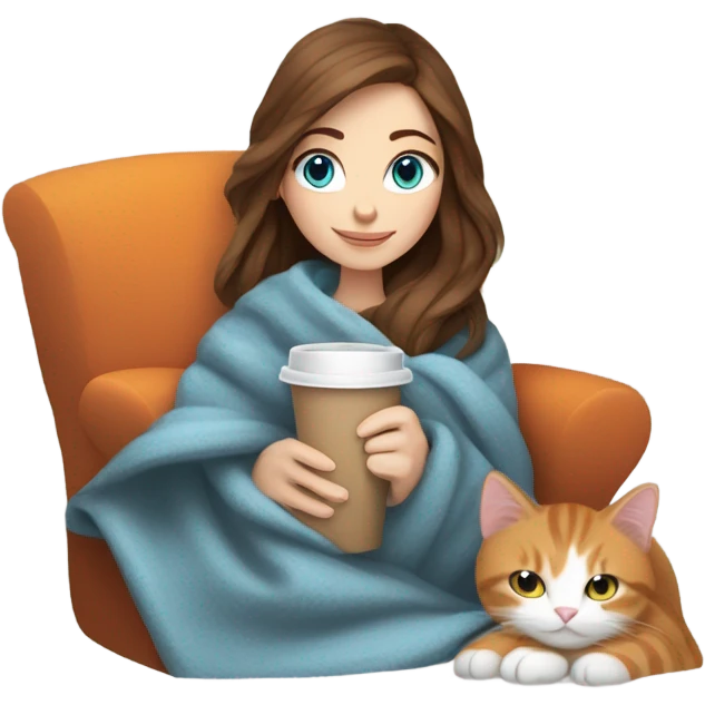 White girl with brown hair and blue eyes drinking coffee. With a white and orange cat and a blanket around them  emoji