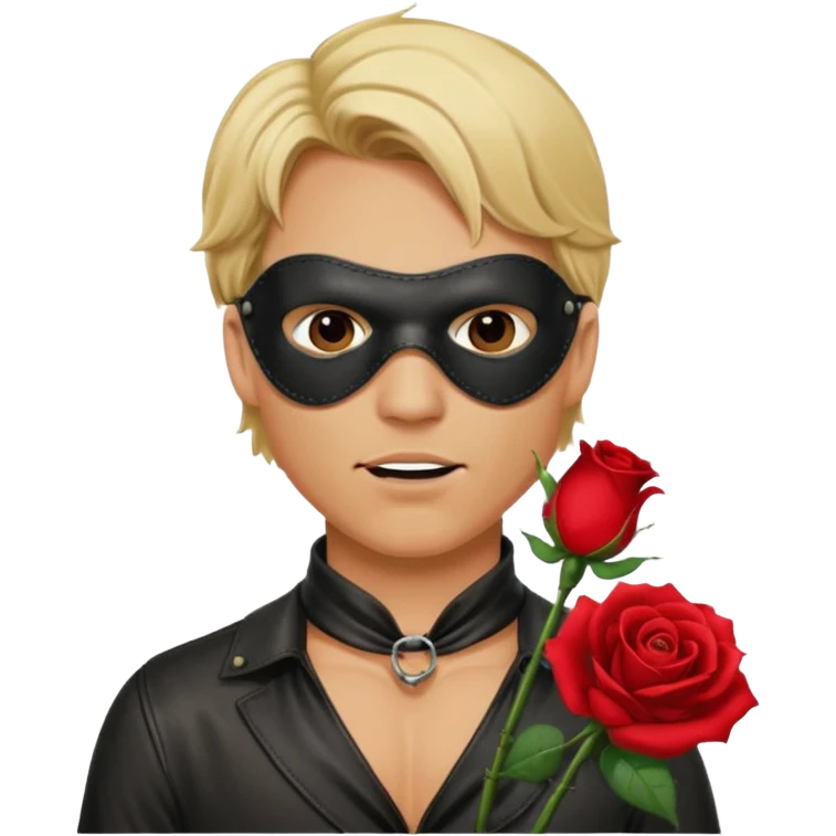 blonde man with leather eye mask and leather halter neck blouse, holding rose with his mouth emoji