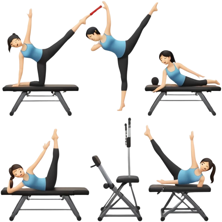 Generate emojis depicting various Pilates exercises and equipment, featuring an Asian female. Include emojis for mat Pilates poses like the Hundred, Roll - up, and Single - Leg Stretch. Also, create emojis for Pilates equipment such as the Reformer, Cadillac, and Wunda Chair. The Asian female should be shown performing the exercises with proper form and expression. emoji