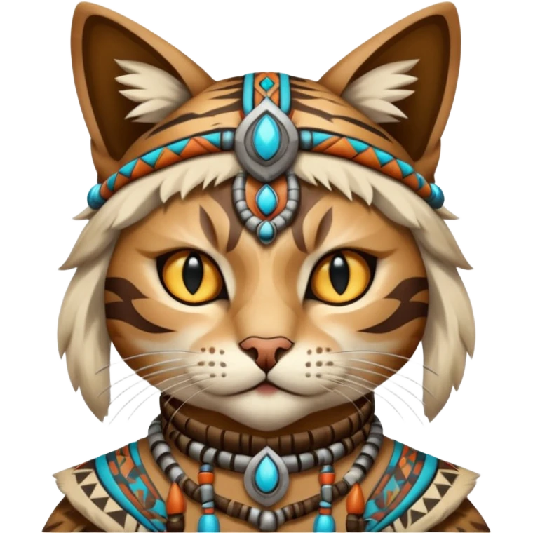 cat, wear tribal shaman cloth, half face cyberborg emoji