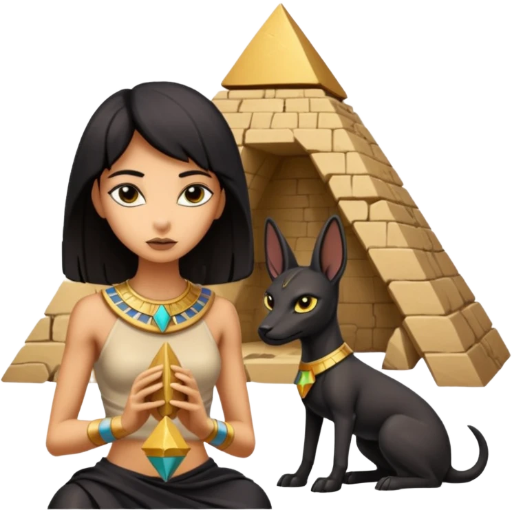Kindly alien Protecting silky black-haired tiny statuette scale female Anubis and pyramid scenery stone-age cracked irregular dwelling  emoji