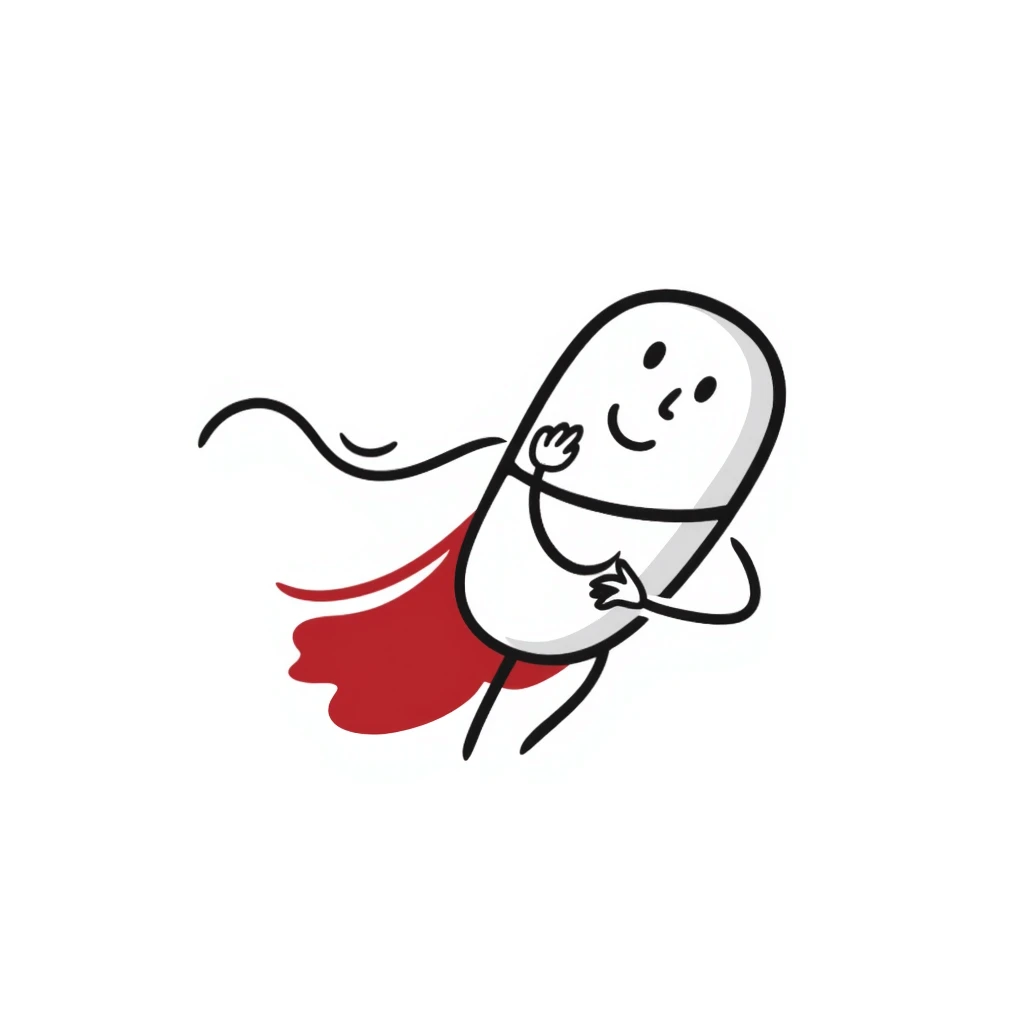 Sketchy medicine pill with cape flying like a superhero emoji