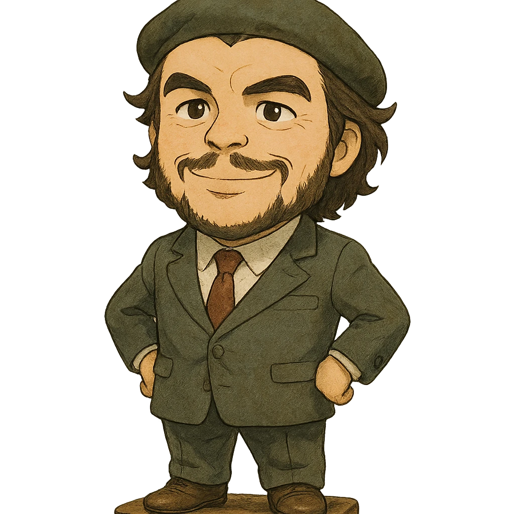 statuette of Che Guevara in a suit and tie, big head, confident smile, ghibli style emoji