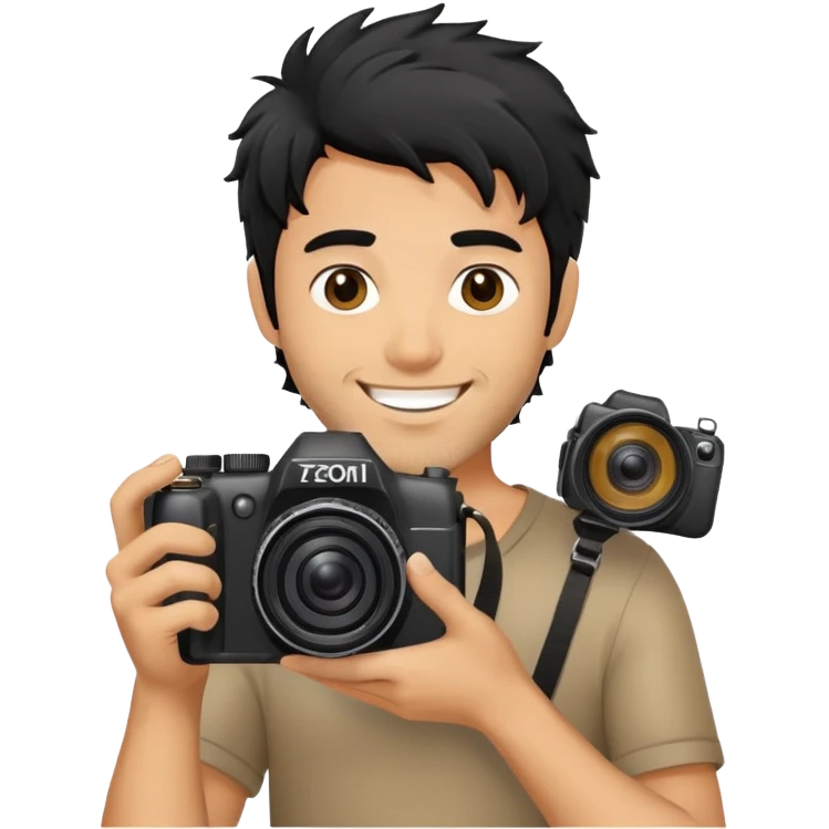 a man with black messy hair with one camera taking a photo emoji