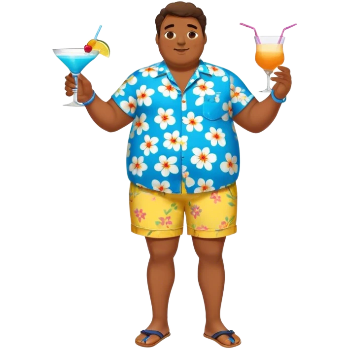 chubby guy full figure in a flowered azure havai shirt, brown shorts and flippers holding a cocktail emoji