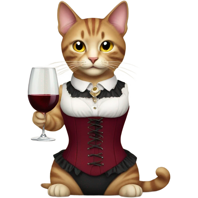 A cat in a burgundy corset with a glass of wine emoji