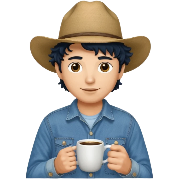 Ranch hand with blue hat and coffee mug, curly black hair emoji