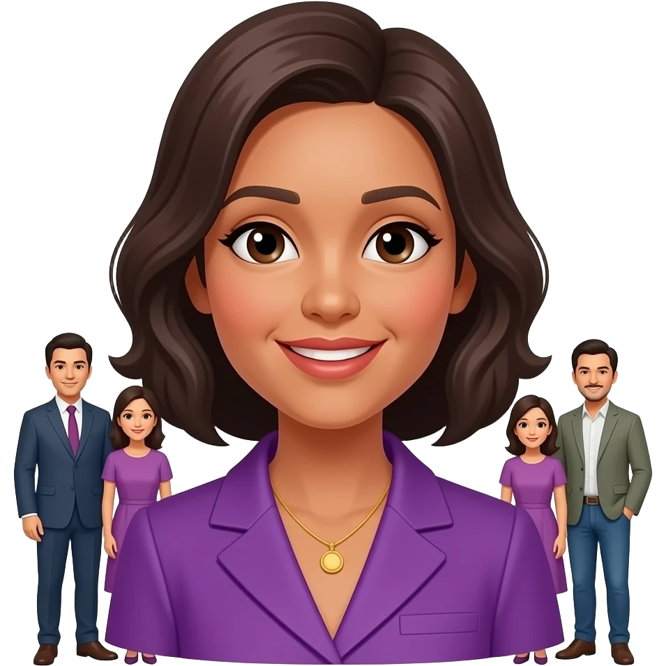 Женщина в фиолетовой одежде, в заде нее род семьи ТЕНИ emoji