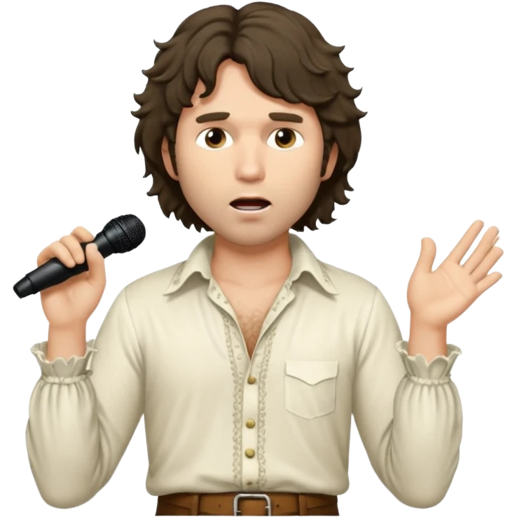 photorealistic - unkempt, shaggy with big sideburns Jim Morrison in an ivory Victorian shirt, in an trance dramatic pose, sings on stage emoji